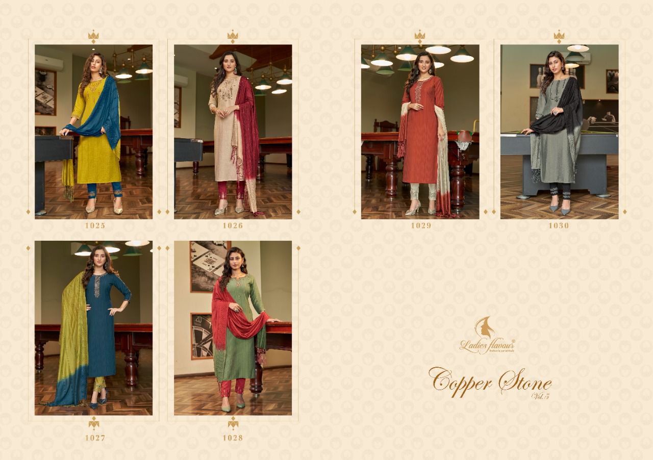 Ladies Flavour Copper Stone 5 Exclusive Designer Viscose With Embroidery With Khatli Work Readymade Collection
